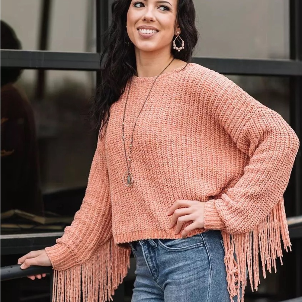 En Créme Blush Pink Fringe Sleeved Velor Chunky Knit Sweater NWT! Size Small